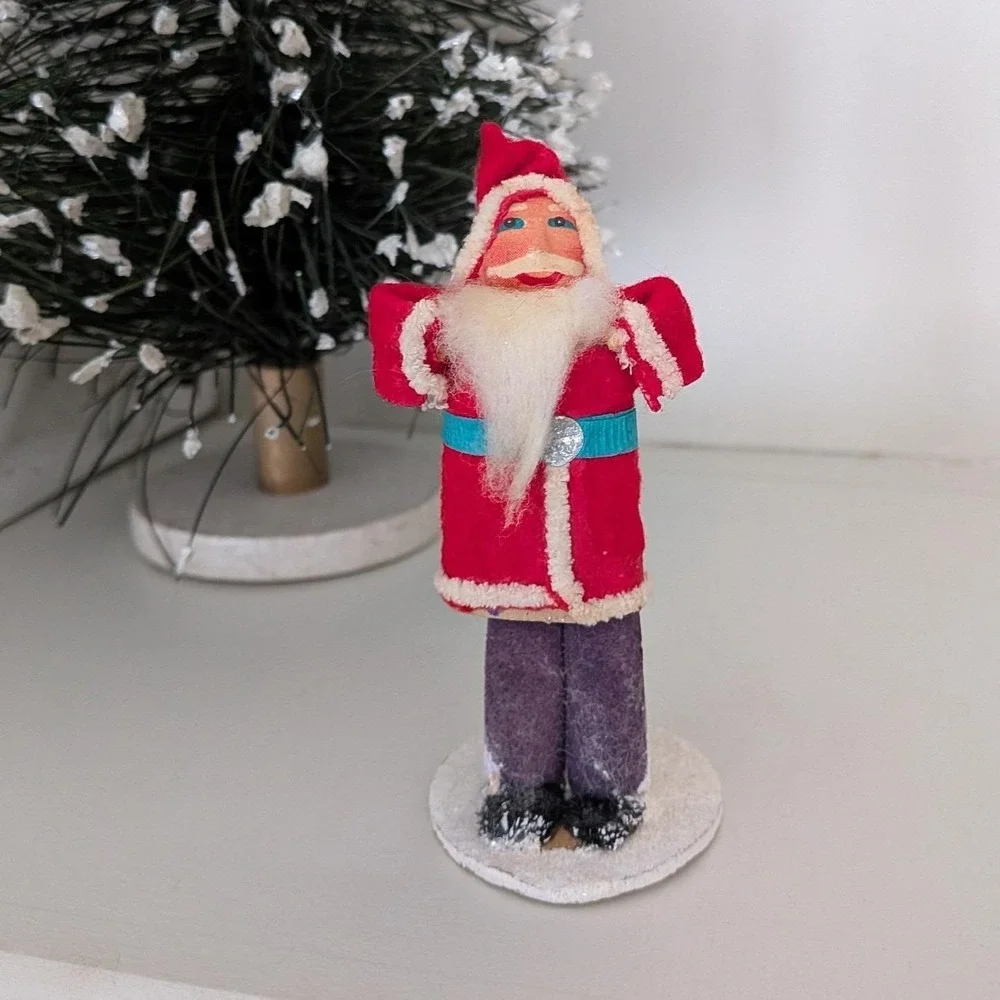 Vintage Spun Cotton Christmas Santa Claus Figurine Felt Suit Paper Mache Japan